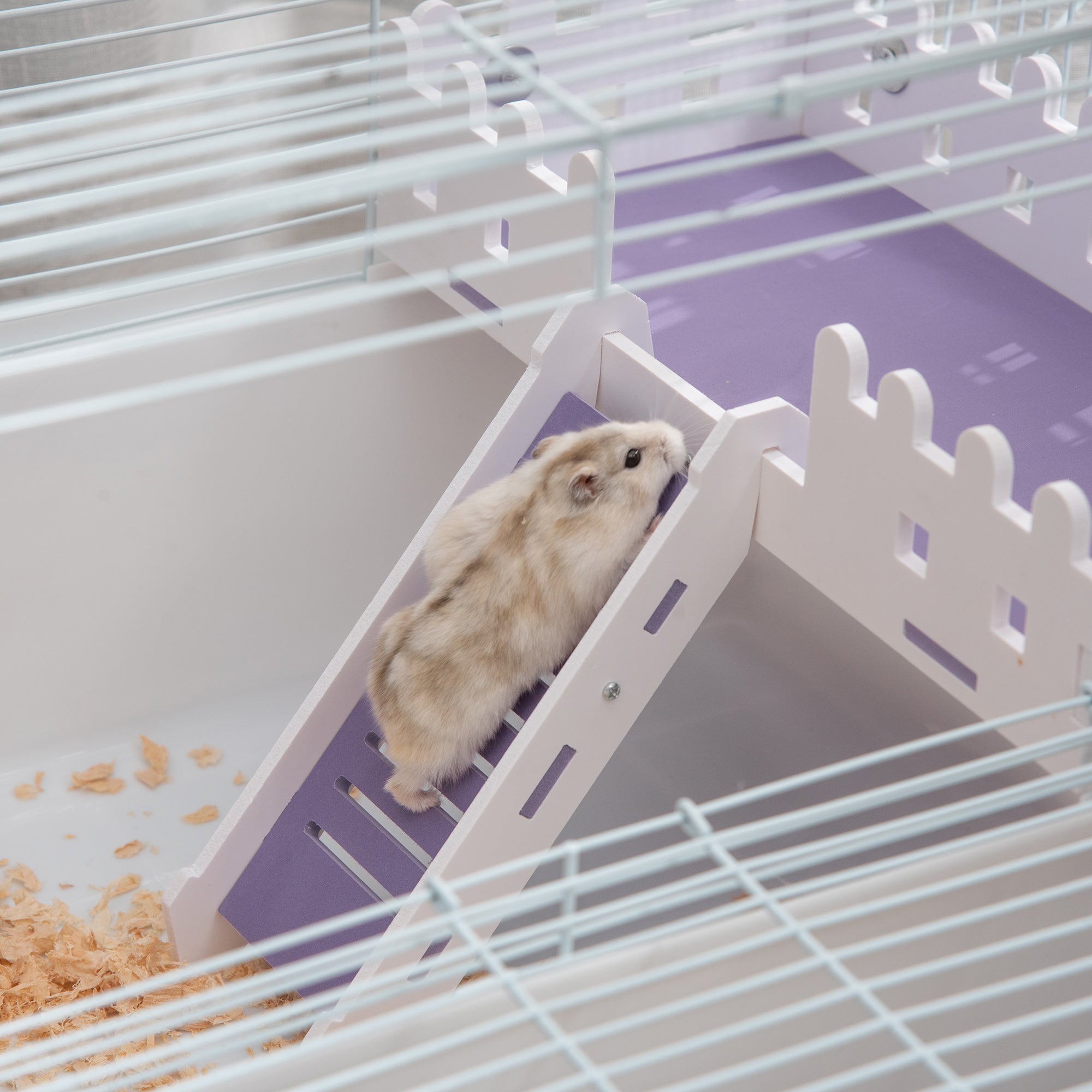 PawHut 2 Tier Hamster Cage, Gerbil Cage with Exercise Wheel, Water Bottle, Ladder, White 