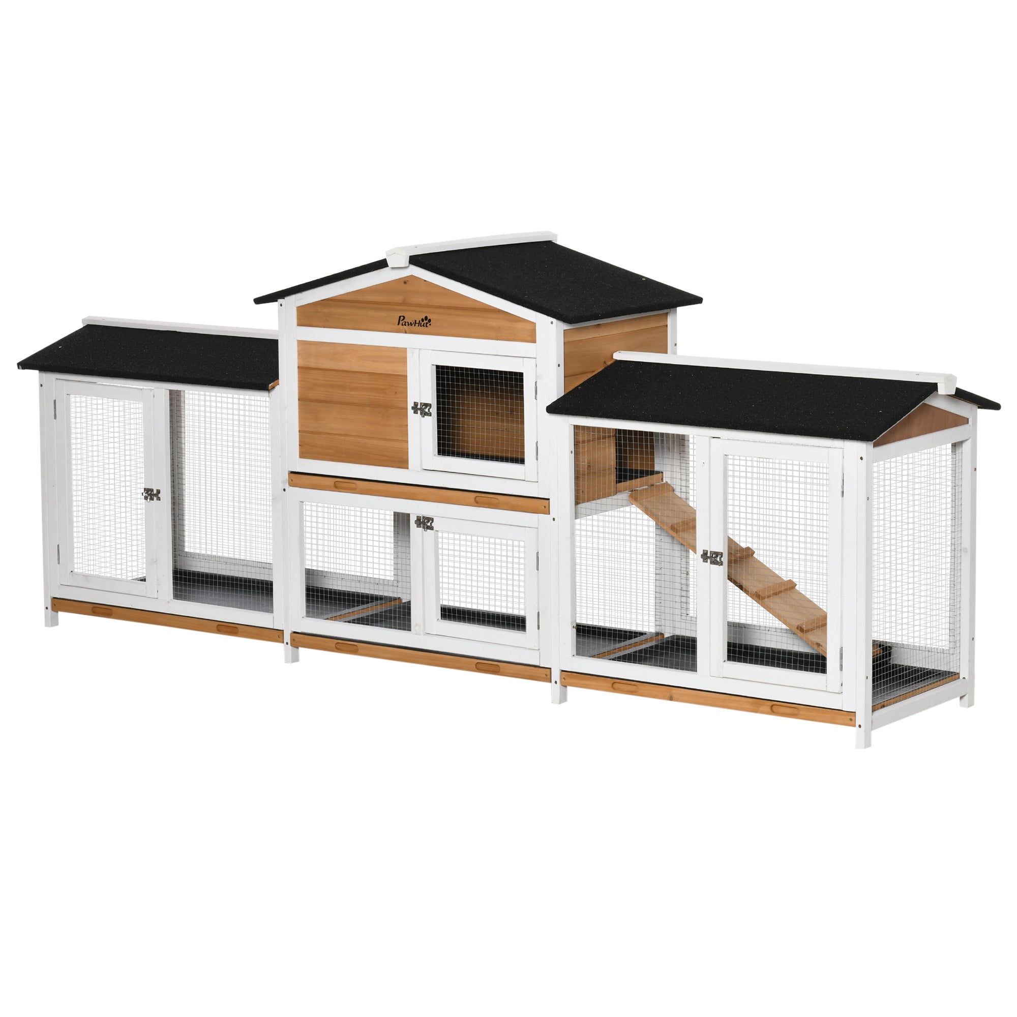 PawHut 2-Tier Large Rabbit Hutch Outdoor with Double Side Run Boxes, No-leak Plastic Tray, Ramp, 230 x 53 x 93.5cm, White 