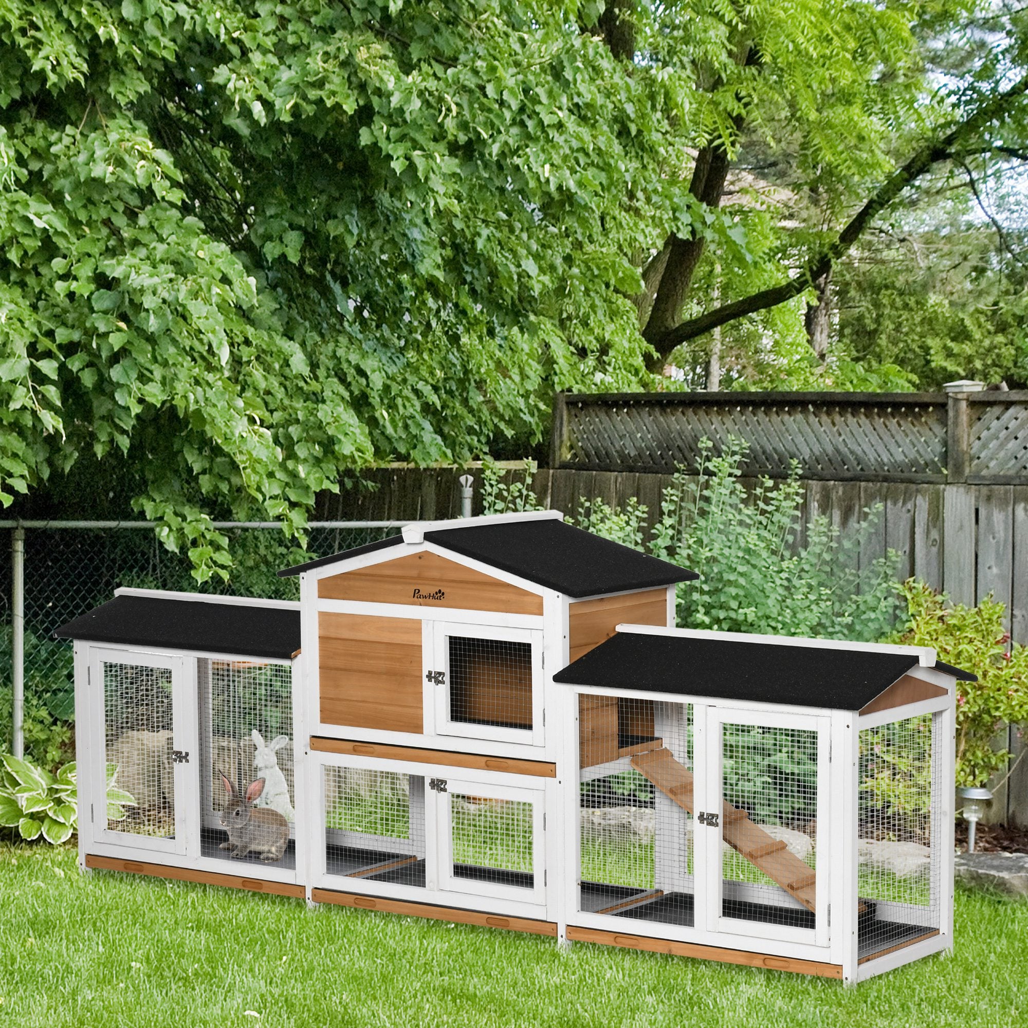 PawHut 2-Tier Large Rabbit Hutch Outdoor with Double Side Run Boxes, No-leak Plastic Tray, Ramp, 230 x 53 x 93.5cm, White 