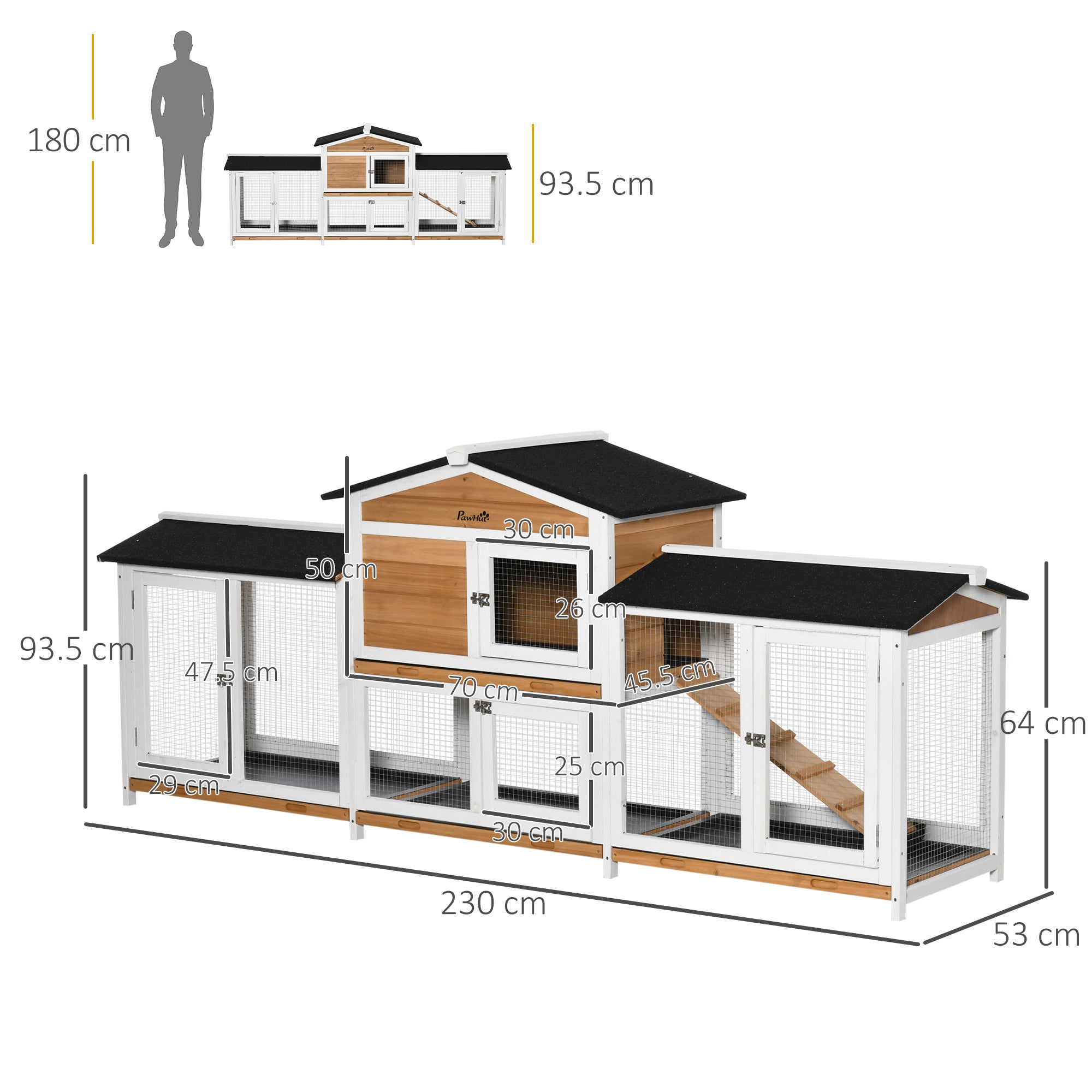 PawHut 2-Tier Large Rabbit Hutch Outdoor with Double Side Run Boxes, No-leak Plastic Tray, Ramp, 230 x 53 x 93.5cm, White 