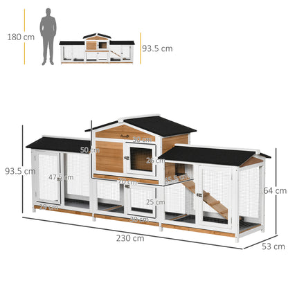 PawHut 2-Tier Large Rabbit Hutch Outdoor with Double Side Run Boxes, No-leak Plastic Tray, Ramp, 230 x 53 x 93.5cm, White 