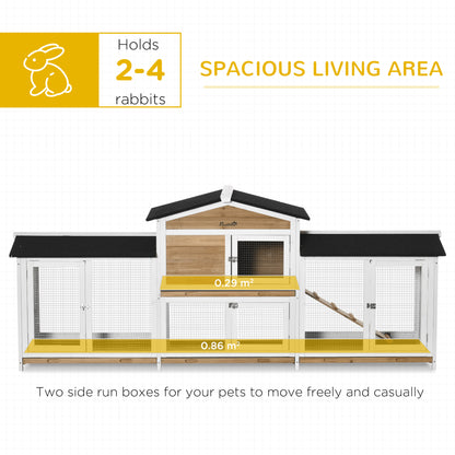 PawHut 2-Tier Large Rabbit Hutch Outdoor with Double Side Run Boxes, No-leak Plastic Tray, Ramp, 230 x 53 x 93.5cm, White 