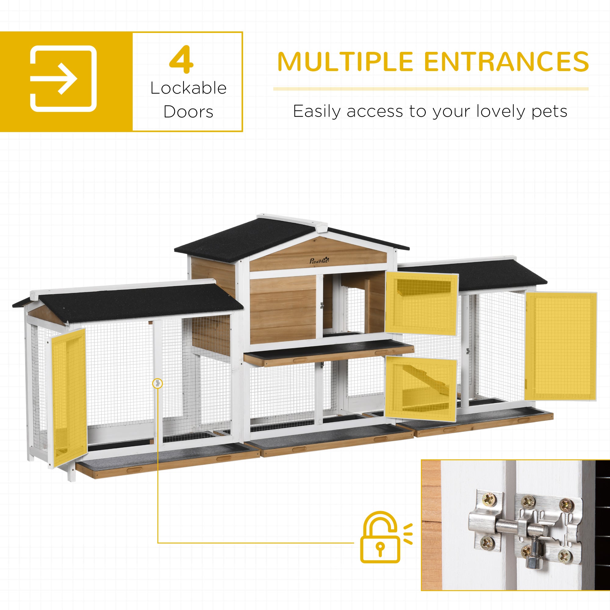 PawHut 2-Tier Large Rabbit Hutch Outdoor with Double Side Run Boxes, No-leak Plastic Tray, Ramp, 230 x 53 x 93.5cm, White 