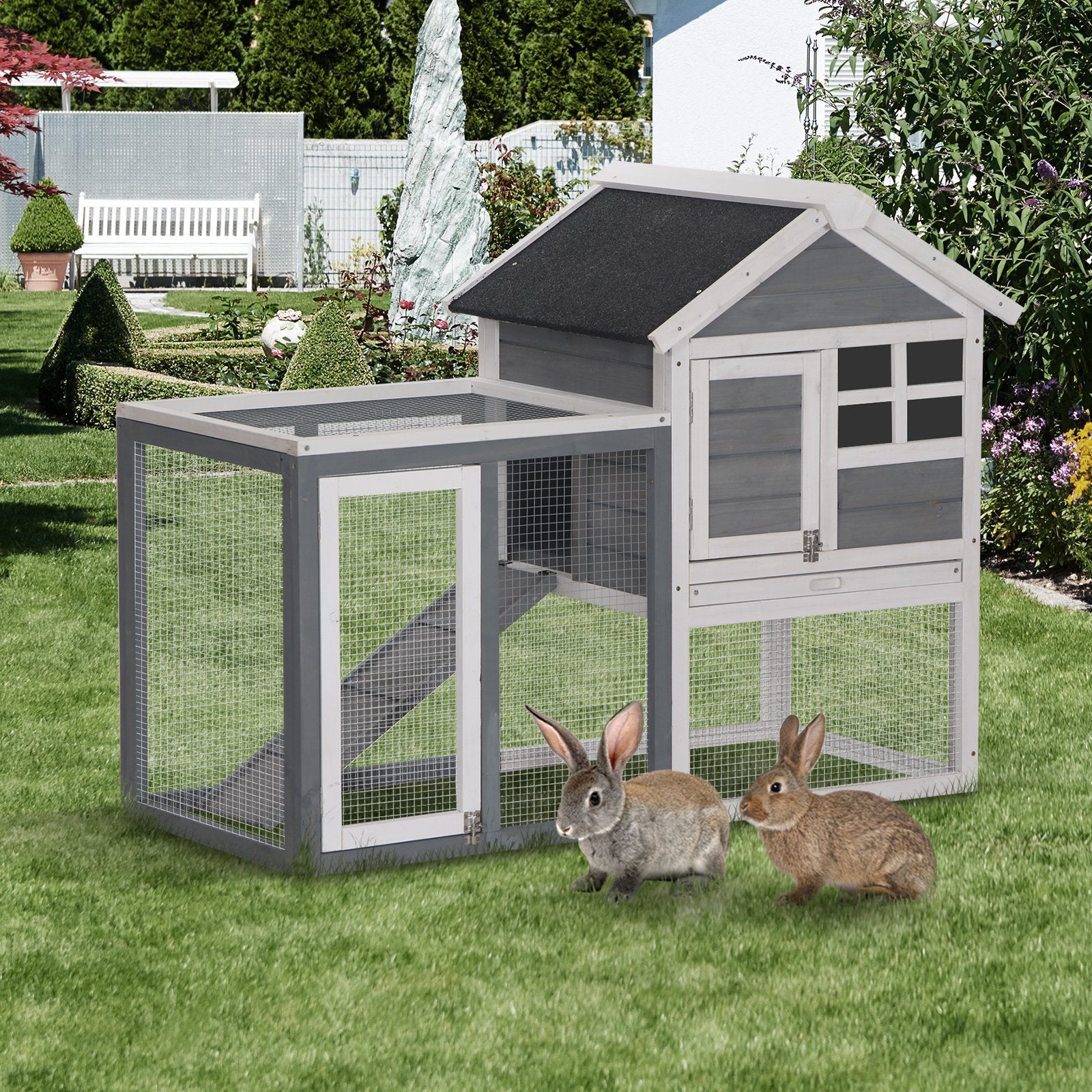 PawHut 2 Tier Wooden Guinea Pigs Hutches Guinea Pig Cage Rabbit Cage Pull Out Tray W/ Ramp 122 x 62.6 x 92 cm 
