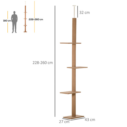 PawHut 260cm Floor To Ceiling Cat Tree for Indoor Cats w/ Three Platforms Activity Centre - Brown 