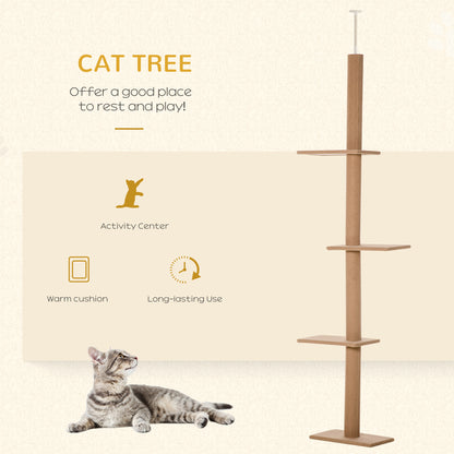 PawHut 260cm Floor To Ceiling Cat Tree for Indoor Cats w/ Three Platforms Activity Centre - Brown 