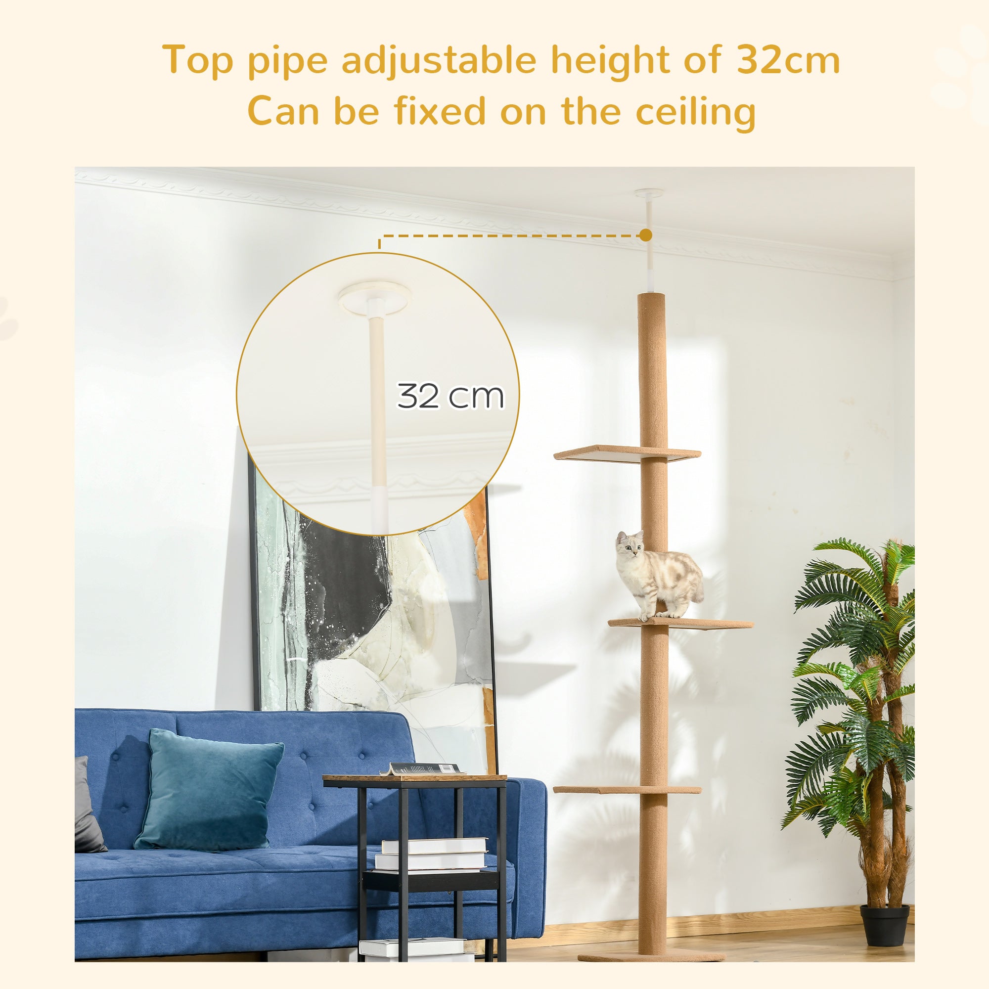 PawHut 260cm Floor To Ceiling Cat Tree for Indoor Cats w/ Three Platforms Activity Centre - Brown 
