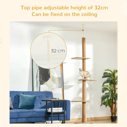 PawHut 260cm Floor To Ceiling Cat Tree for Indoor Cats w/ Three Platforms Activity Centre - Brown 