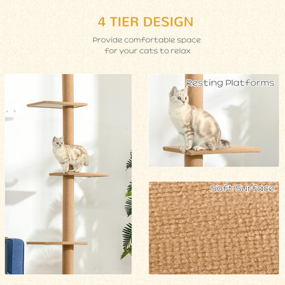 PawHut 260cm Floor To Ceiling Cat Tree for Indoor Cats w/ Three Platforms Activity Centre - Brown 