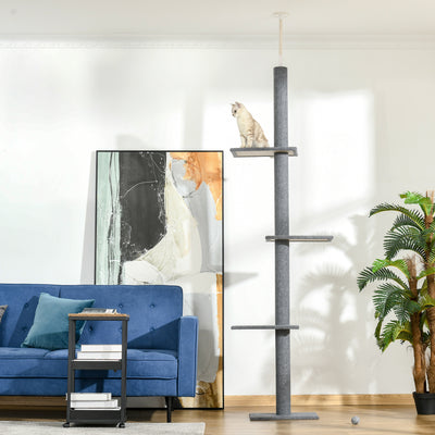 PawHut 260cm Floor To Ceiling Cat Tree for Indoor Cats w/ Three Platforms Activity Centre - Grey 