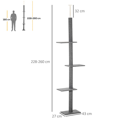 PawHut 260cm Floor To Ceiling Cat Tree for Indoor Cats w/ Three Platforms Activity Centre - Grey 