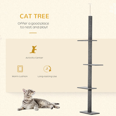 PawHut 260cm Floor To Ceiling Cat Tree for Indoor Cats w/ Three Platforms Activity Centre - Grey 