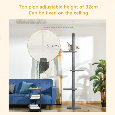 PawHut 260cm Floor To Ceiling Cat Tree for Indoor Cats w/ Three Platforms Activity Centre - Grey 