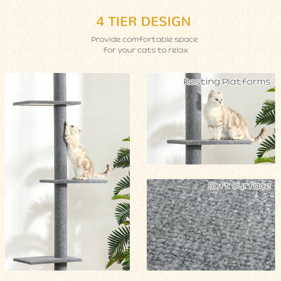 PawHut 260cm Floor To Ceiling Cat Tree for Indoor Cats w/ Three Platforms Activity Centre - Grey 