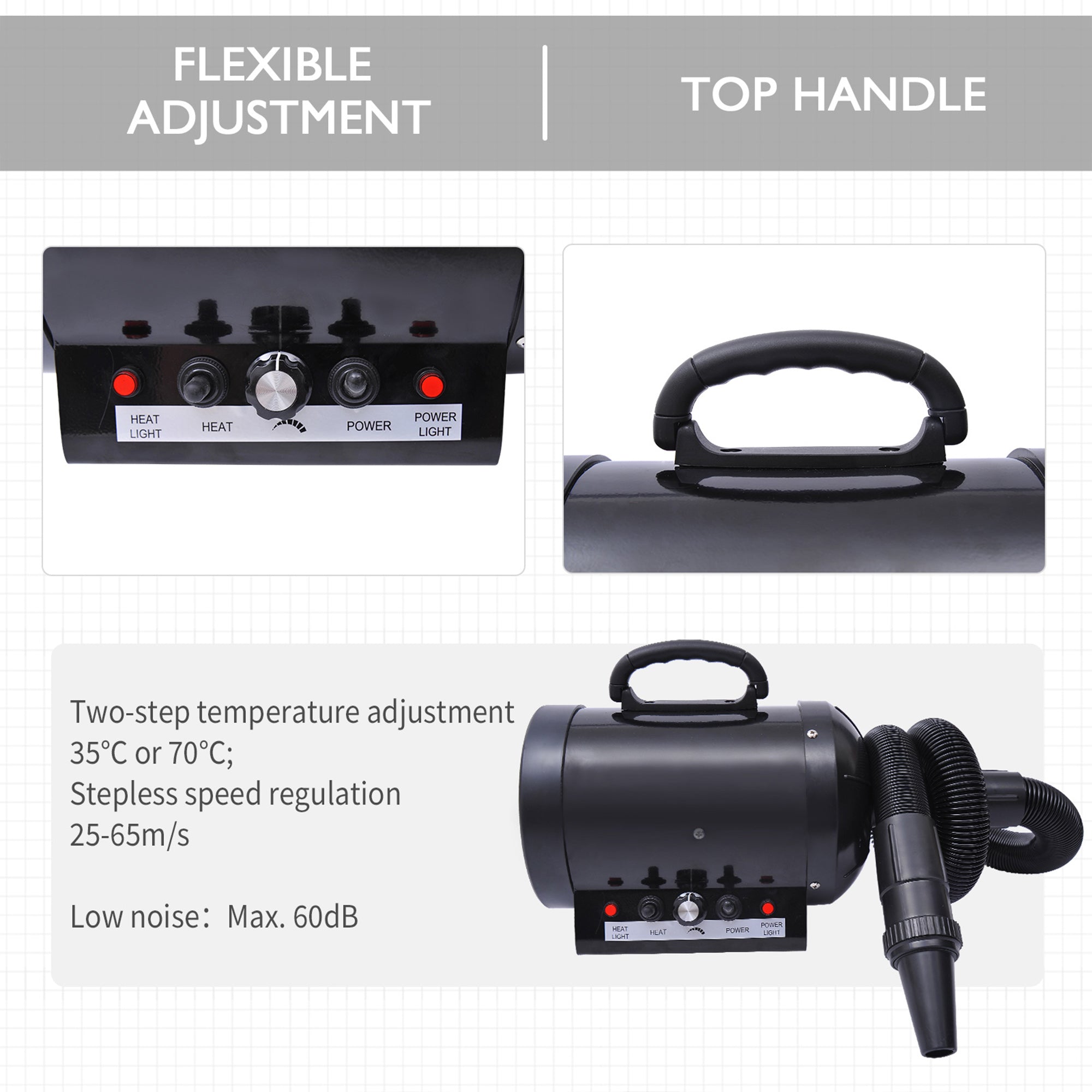 PawHut 2800W Dog Hair Dryer Pet Grooming Blaster Water Blower Dryer w/ 3 Nozzles, Black 