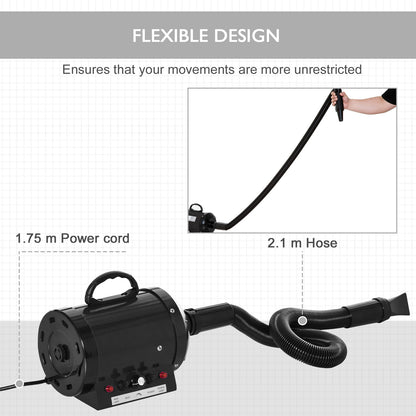 PawHut 2800W Dog Hair Dryer Pet Grooming Blaster Water Blower Dryer w/ 3 Nozzles, Black 