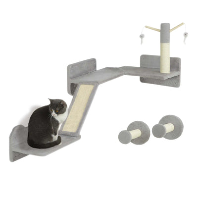 PawHut 3-Piece Cat Wall Furniture with Scratching Posts, Scratching Pads, Perches, Cat Wands, Toy Balls, Light Grey 