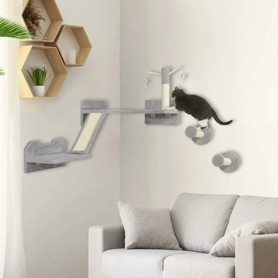 PawHut 3-Piece Cat Wall Furniture with Scratching Posts, Scratching Pads, Perches, Cat Wands, Toy Balls, Light Grey 