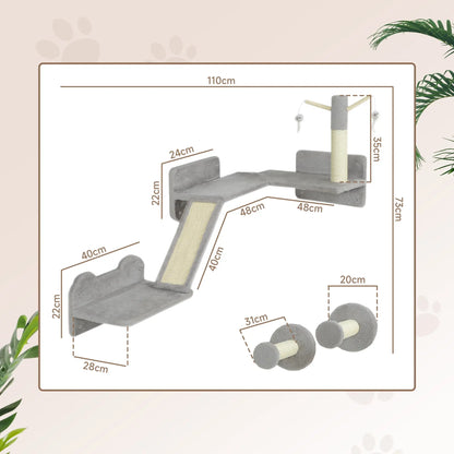 PawHut 3-Piece Cat Wall Furniture with Scratching Posts, Scratching Pads, Perches, Cat Wands, Toy Balls, Light Grey 