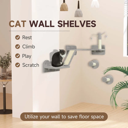 PawHut 3-Piece Cat Wall Furniture with Scratching Posts, Scratching Pads, Perches, Cat Wands, Toy Balls, Light Grey 