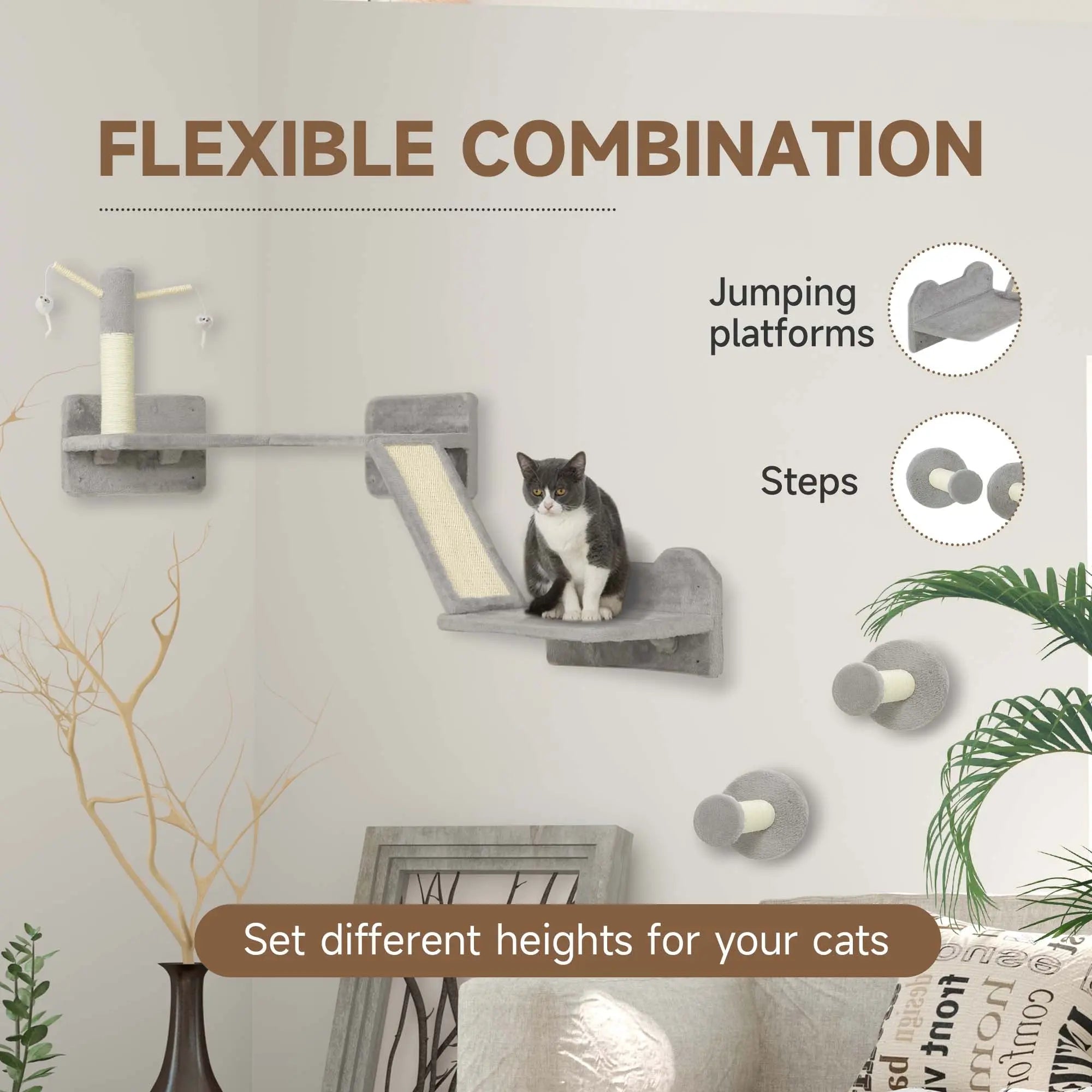PawHut 3-Piece Cat Wall Furniture with Scratching Posts, Scratching Pads, Perches, Cat Wands, Toy Balls, Light Grey 