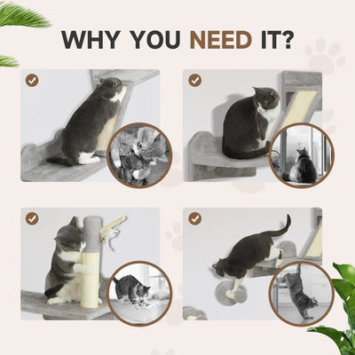 PawHut 3-Piece Cat Wall Furniture with Scratching Posts, Scratching Pads, Perches, Cat Wands, Toy Balls, Light Grey 