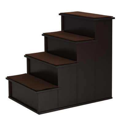 PawHut 4 Step Wooden Dog Steps Pet Stairs for Dogs, Cat Ladder for Bed Couch with Non-Slip Carpet 40 x 59 x 54.2 cm, Dark brown 