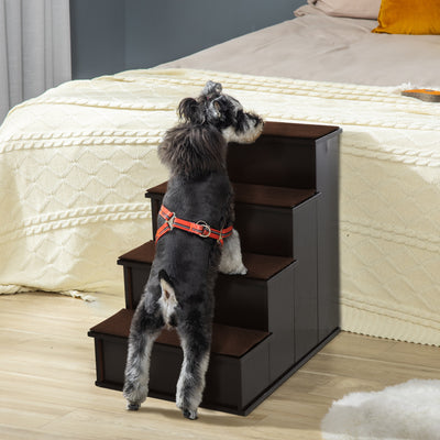PawHut 4 Step Wooden Dog Steps Pet Stairs for Dogs, Cat Ladder for Bed Couch with Non-Slip Carpet 40 x 59 x 54.2 cm, Dark brown 