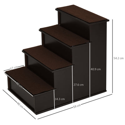 PawHut 4 Step Wooden Dog Steps Pet Stairs for Dogs, Cat Ladder for Bed Couch with Non-Slip Carpet 40 x 59 x 54.2 cm, Dark brown 