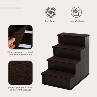 PawHut 4 Step Wooden Dog Steps Pet Stairs for Dogs, Cat Ladder for Bed Couch with Non-Slip Carpet 40 x 59 x 54.2 cm, Dark brown 