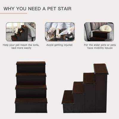 PawHut 4 Step Wooden Dog Steps Pet Stairs for Dogs, Cat Ladder for Bed Couch with Non-Slip Carpet 40 x 59 x 54.2 cm, Dark brown 