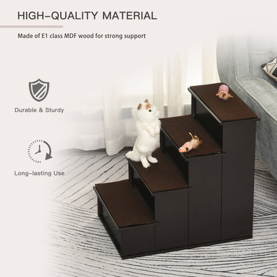 PawHut 4 Step Wooden Dog Steps Pet Stairs for Dogs, Cat Ladder for Bed Couch with Non-Slip Carpet 40 x 59 x 54.2 cm, Dark brown 