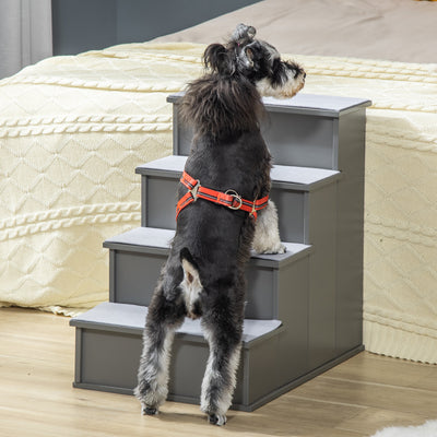 PawHut 4 Step Wooden Dog Steps Pet Stairs for Dogs, Cat Ladder for Bed Couch with Non-Slip Carpet 40 x 59 x 54.2 cm, Grey 