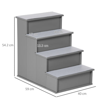 PawHut 4 Step Wooden Dog Steps Pet Stairs for Dogs, Cat Ladder for Bed Couch with Non-Slip Carpet 40 x 59 x 54.2 cm, Grey 