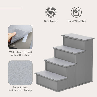 PawHut 4 Step Wooden Dog Steps Pet Stairs for Dogs, Cat Ladder for Bed Couch with Non-Slip Carpet 40 x 59 x 54.2 cm, Grey 