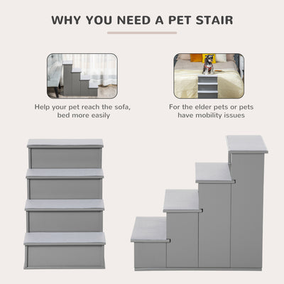 PawHut 4 Step Wooden Dog Steps Pet Stairs for Dogs, Cat Ladder for Bed Couch with Non-Slip Carpet 40 x 59 x 54.2 cm, Grey 