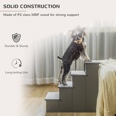 PawHut 4 Step Wooden Dog Steps Pet Stairs for Dogs, Cat Ladder for Bed Couch with Non-Slip Carpet 40 x 59 x 54.2 cm, Grey 