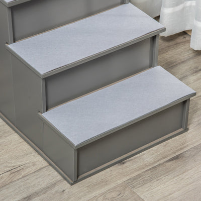 PawHut 4 Step Wooden Dog Steps Pet Stairs for Dogs, Cat Ladder for Bed Couch with Non-Slip Carpet 40 x 59 x 54.2 cm, Grey 