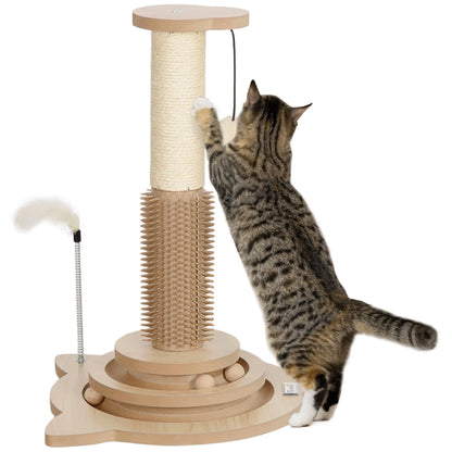 PawHut 49cm 5 in 1 Cat Scratching Post with Sisal Post, Track Ball, Self Grooming Brush, Hanging Toy Ball, Feather, Oak Tone 