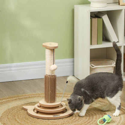 PawHut 49cm 5 in 1 Cat Scratching Post with Sisal Post, Track Ball, Self Grooming Brush, Hanging Toy Ball, Feather, Oak Tone 