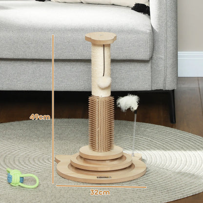 PawHut 49cm 5 in 1 Cat Scratching Post with Sisal Post, Track Ball, Self Grooming Brush, Hanging Toy Ball, Feather, Oak Tone 