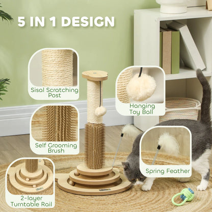 PawHut 49cm 5 in 1 Cat Scratching Post with Sisal Post, Track Ball, Self Grooming Brush, Hanging Toy Ball, Feather, Oak Tone 