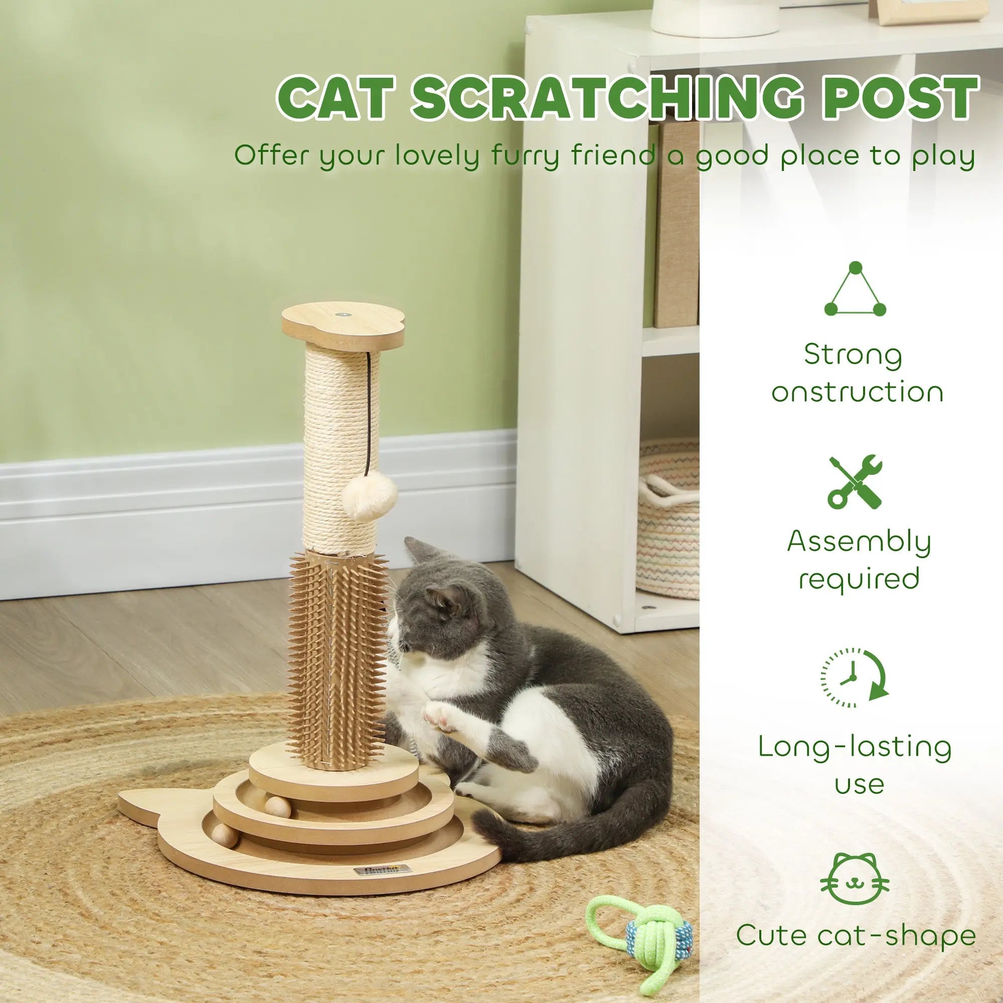 PawHut 49cm 5 in 1 Cat Scratching Post with Sisal Post, Track Ball, Self Grooming Brush, Hanging Toy Ball, Feather, Oak Tone 