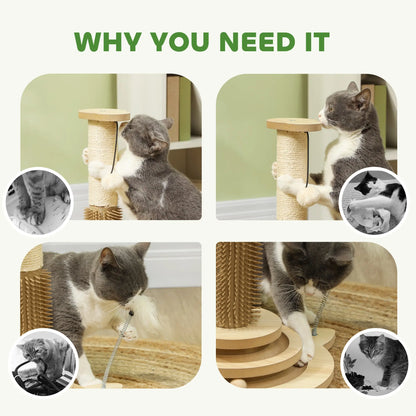 PawHut 49cm 5 in 1 Cat Scratching Post with Sisal Post, Track Ball, Self Grooming Brush, Hanging Toy Ball, Feather, Oak Tone 