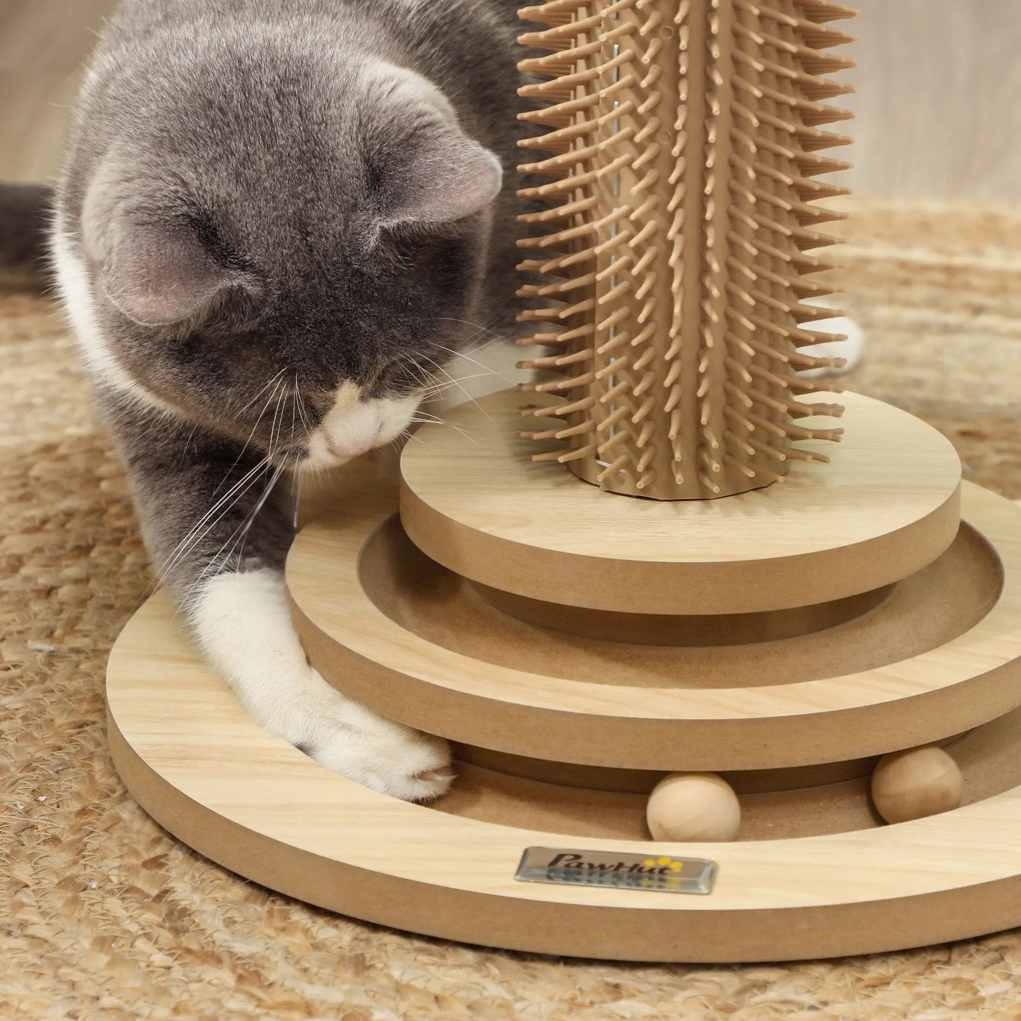PawHut 49cm 5 in 1 Cat Scratching Post with Sisal Post, Track Ball, Self Grooming Brush, Hanging Toy Ball, Feather, Oak Tone 
