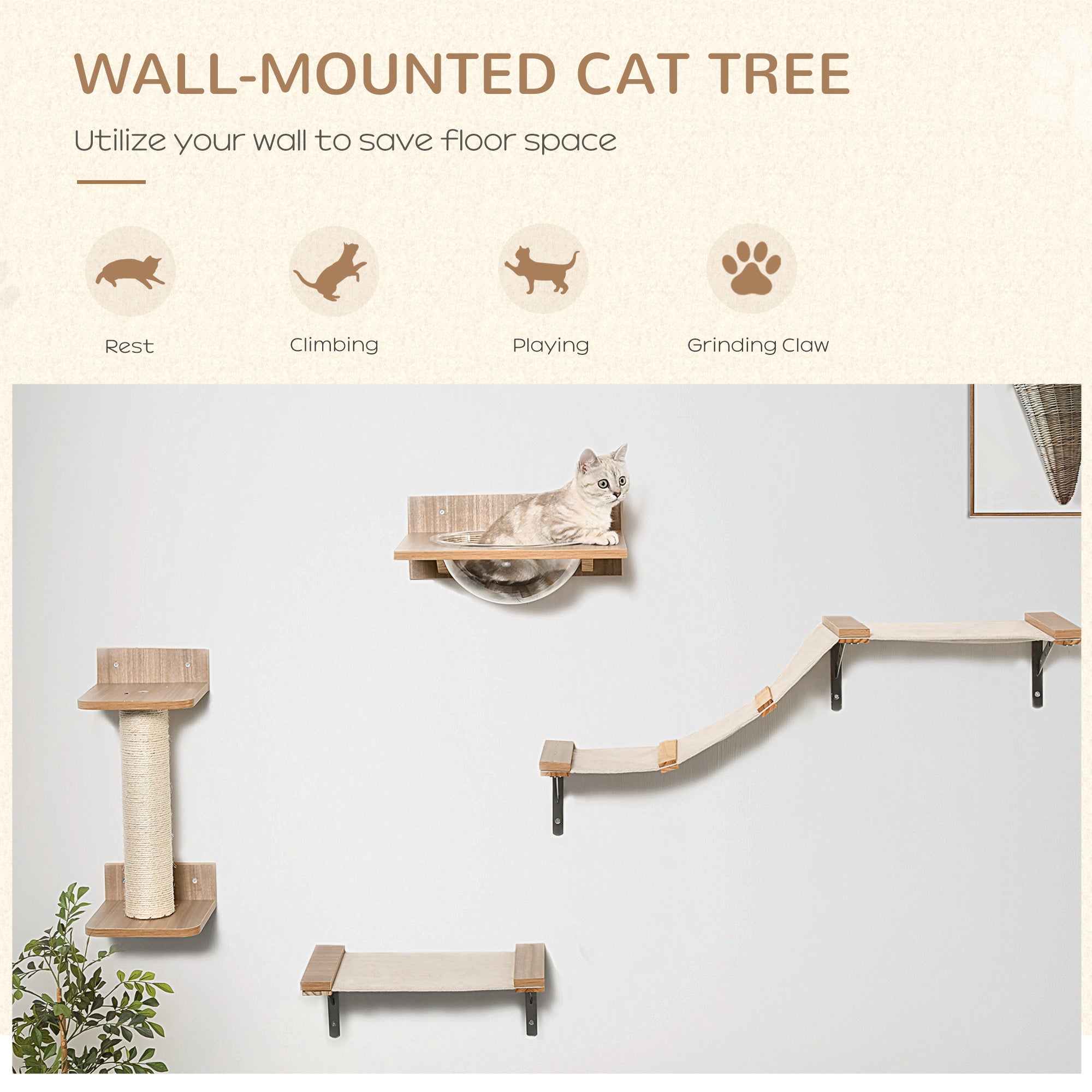 PawHut 4PCs Wall-mounted Cats Climbing Shelf Set Cat Tree Kitten Perch Activity Center with Hammock Scratching Post Jumping Platform Brown 