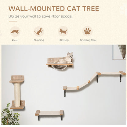 PawHut 4PCs Wall-mounted Cats Climbing Shelf Set Cat Tree Kitten Perch Activity Center with Hammock Scratching Post Jumping Platform Brown 