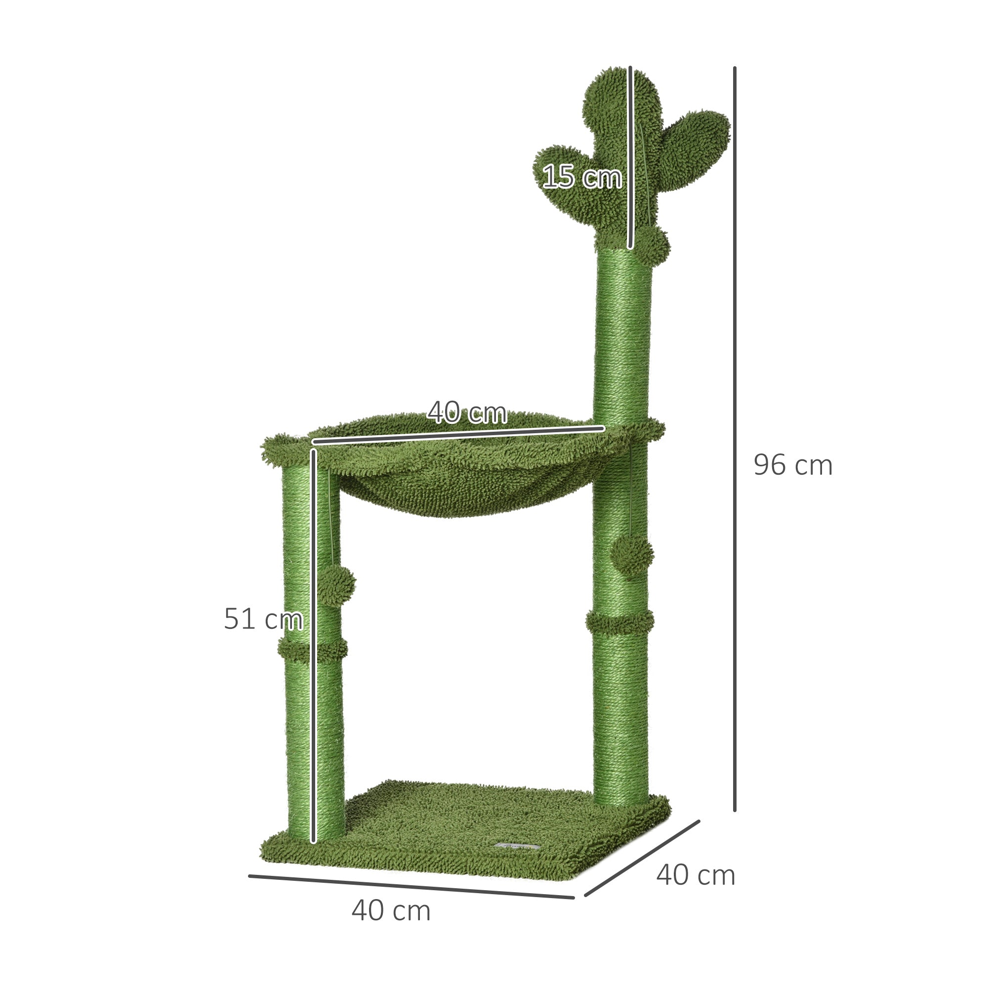 PawHut Cactus Cat Tree Tower for Indoor Cats Sisal Scratching Post with Hammock Bed Dangling Ball 40 x 40 x 96 cm 