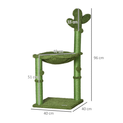 PawHut Cactus Cat Tree Tower for Indoor Cats Sisal Scratching Post with Hammock Bed Dangling Ball 40 x 40 x 96 cm 