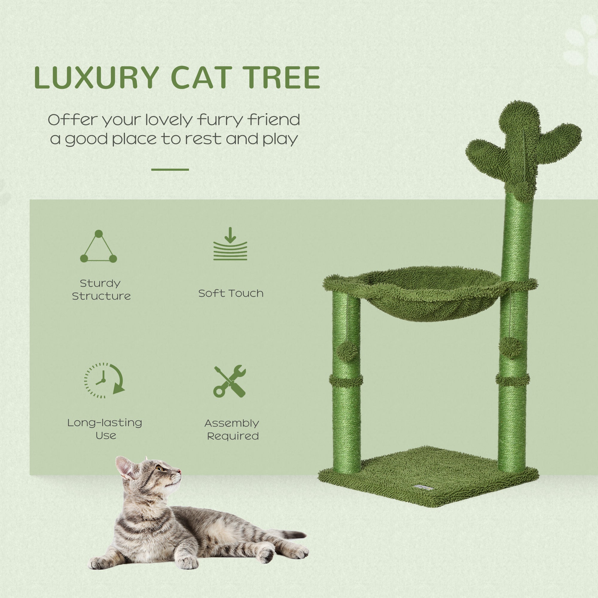 PawHut Cactus Cat Tree Tower for Indoor Cats Sisal Scratching Post with Hammock Bed Dangling Ball 40 x 40 x 96 cm 